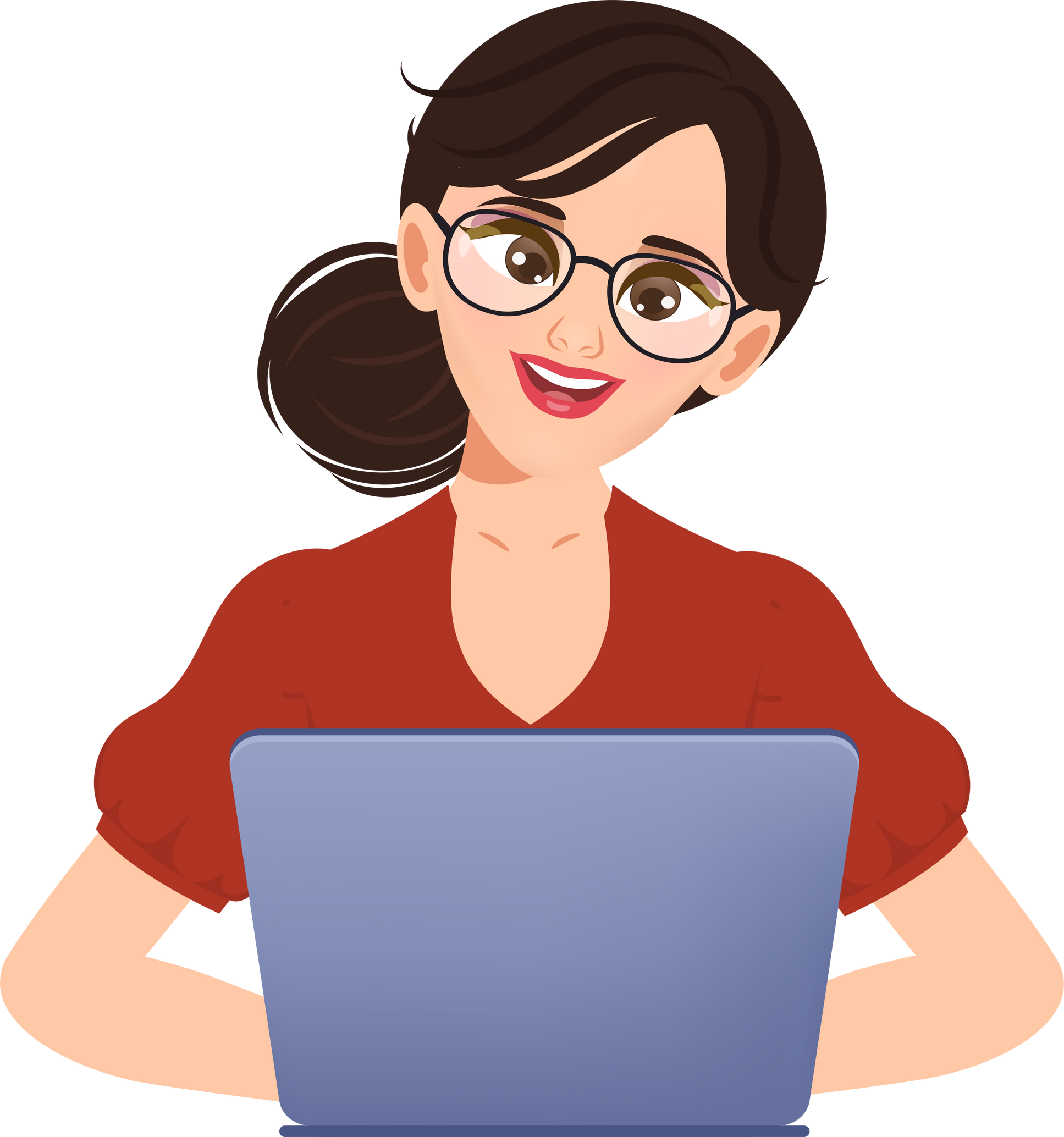 Business woman using laptop pose cartoon clip art.